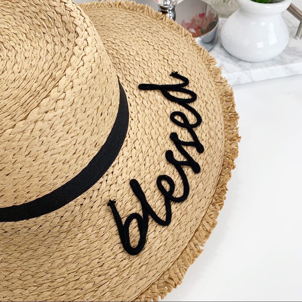 ‘Blessed’ Straw Hat w/ Ribbon Accent - Picture 2 of 8